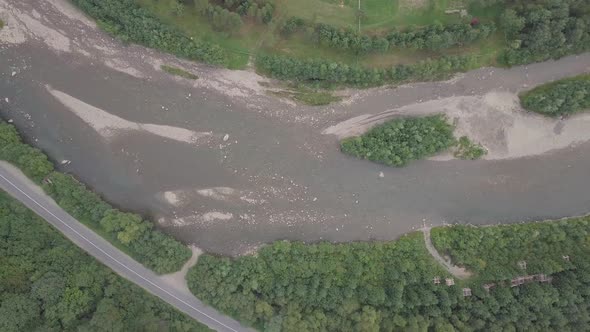 Aerial summer view to river Black Cheremosh in Carpathian village Kryvorivnia