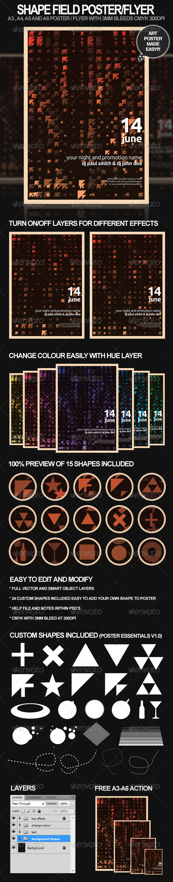 Shape Field A3, A4 poster and A5, A6 flyer - Clubs & Parties Events