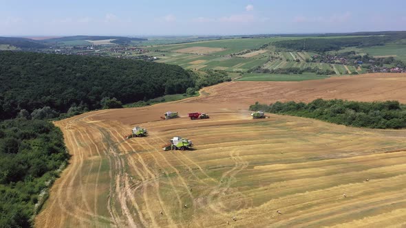 Many Combine Harvesters Harvest Crops In A Agricultural Field Aerial View. alt
