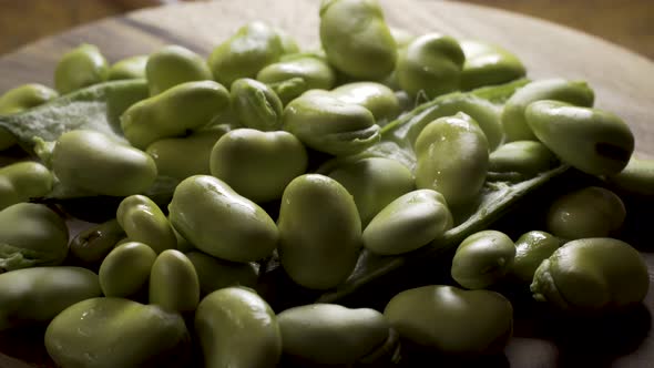 Pile of rotating sweating, backlit, green fava beans piled on top of a couple of favas in their pods alt