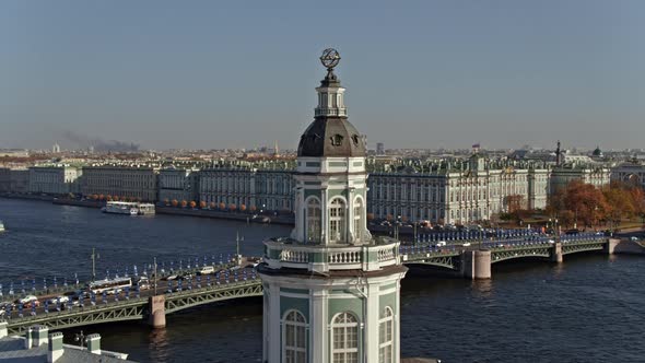 Neva river and palace bridge. City ​​promenade. Drone footage of city center