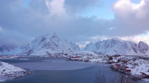Fishing Village on the Shore of the Winter Fjord