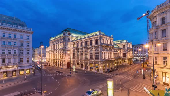 Beautiful View of Wiener Staatsoper Aerial Day to Night Timelapse in Vienna Austria alt