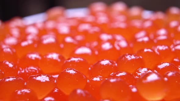 Red Caviar Close-up. Rotation of the Caviar in the Bowl