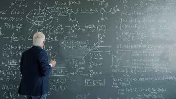 Intelligent Professor Working at Project in College Writing Formulas on Chalkboard Wall, Stock Footage