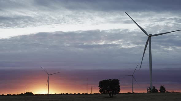 Spectacular Sunset with Modern Wind Turbines Silhouette