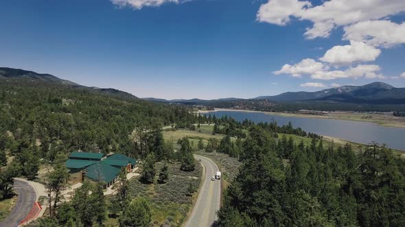 Drone shoots Big Bear Lake and Big Bear Solar observatory, California, USA alt