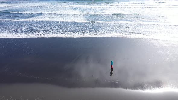 Aerial View of a Female Traveler Relaxing on Ocean Coast, Sea Waves Washing Beach, Iceland alt
