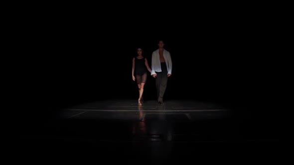 Ballroom Dancers Pair Synchronously Come on Stage From Darkness