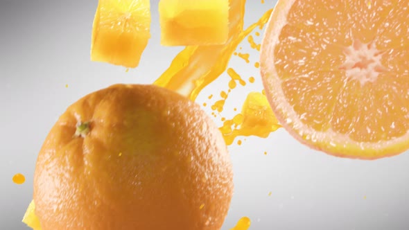 Orange with Slices Falling on Grey Background alt