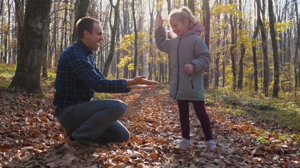 A slow motion of a father and daughter playing in an autumn forest. The man is squatting alt