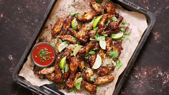 Baked Delicious Homemade Chicken Wings with Fresh Herbs Tomato Dip and Lime