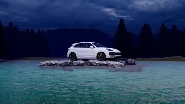 White Luxury Off-Road Vehicle Standing on Rocks in the Evening