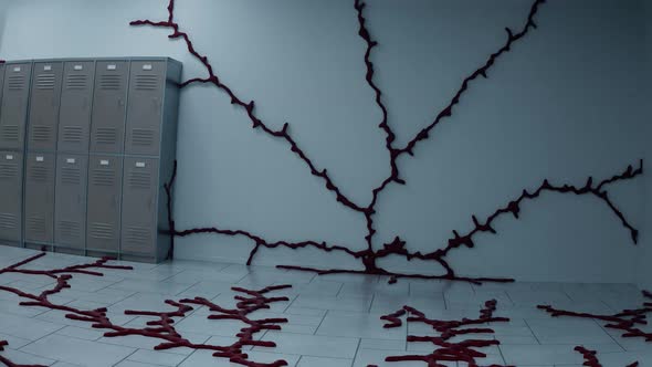 A horror movie scene of run in school. Empty corridor with the dark red stuff. alt