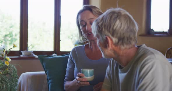Smiling senior caucasian couple talking and drinking coffee in living room alt