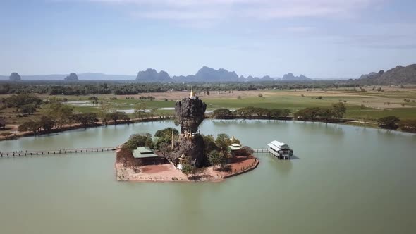 Aerial orbitting Kyauk Ka Lat Pagoda in Hpa-An Myanmar alt