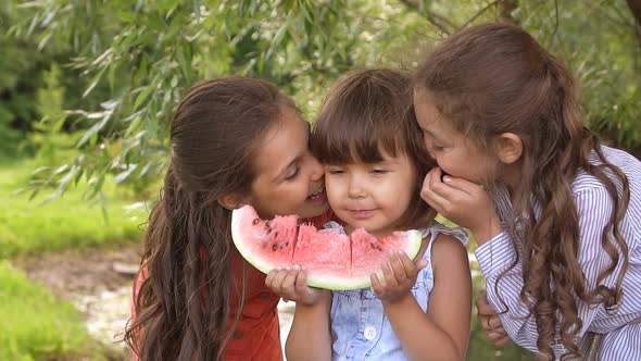 Group of Children Eating Watermelon Outdoors. Slow Motion alt