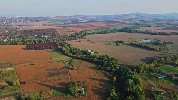 Flight over the fields behind the western Ukrainian village Aerial view