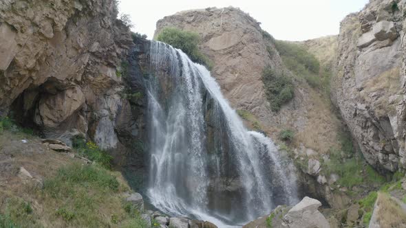  Aerial view Trchkan waterfall in Shirak province, Armenia. Touristic place.  Hiking place. alt
