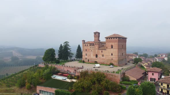 Grinzane Cavour Medieval Castle in Langhe, Piedmont Italy Aerial View alt