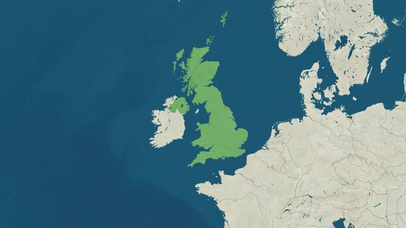 Zoom in to the Map of United Kingdom with Text Textless and with Flag alt