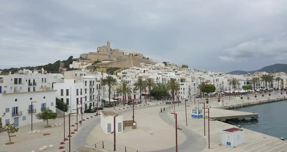 Aerial Footage of Promenade and Old Town with Castle, Ibiza, Spain