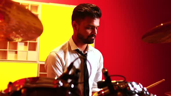 Italian Artist Musician Playing Drumms During Online Concert at Studio