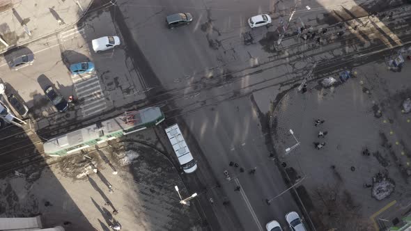Aerial View Of The City Tram Along The Street Of The City Of Zhytomyr alt