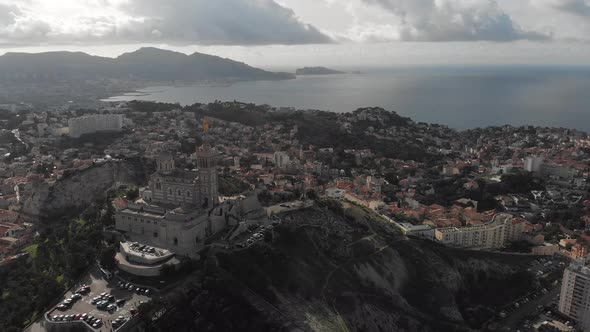 Aerial view of the basilica Notre Dame de la Garde in Marseille. France 2020 alt