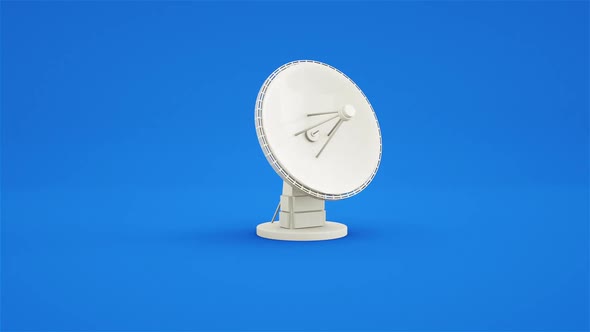 3D animation spinning satellite dish on blue background