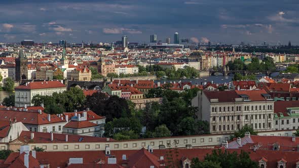 Panorama of Prague Old Town with Red Roofs Timelapse Famous Charles Bridge and Vltava River Czech alt