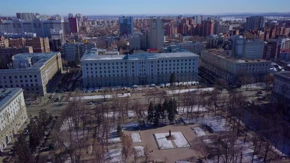 Aerial Panorama of Russian City at Sunny Winter Day Old and Modern Buildings