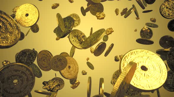 Falling antique coins and gold nuggets. Loopable animation. Ancient treasure. alt