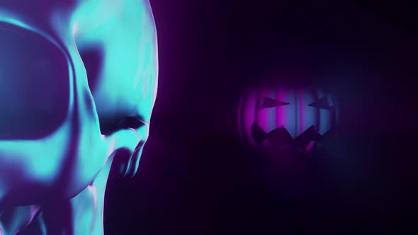 Pumpkin And Skull Coming Towards Camera In Endless Halloween Synth Wave Style Video Loop alt