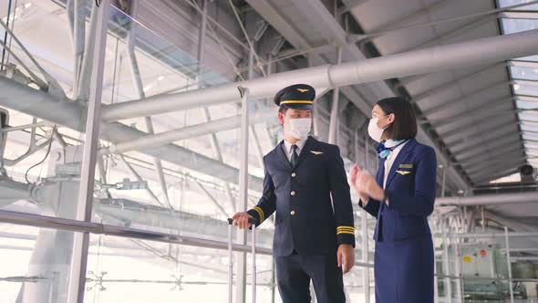 Airliner pilot and air hostess wear protective face mask walking in airport terminal to the airplane alt