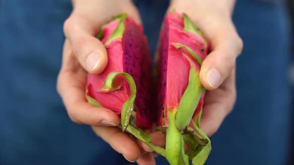 Female Hands Holding Fresh Ripe Organic Dragon Fruit or Pitaya Pitahaya alt