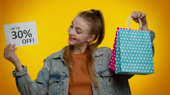 Cheerful Teen Girl Showing Shopping Bags and Up To 30 Percent Off Inscriptions Banner Black Friday alt