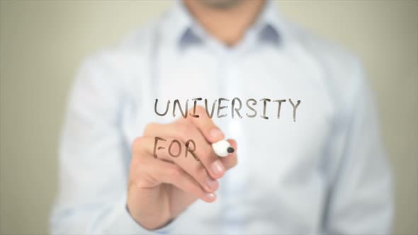 University for All Man Writing on Transparent Screen alt