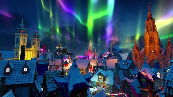 New Year's Town and Northern Lights