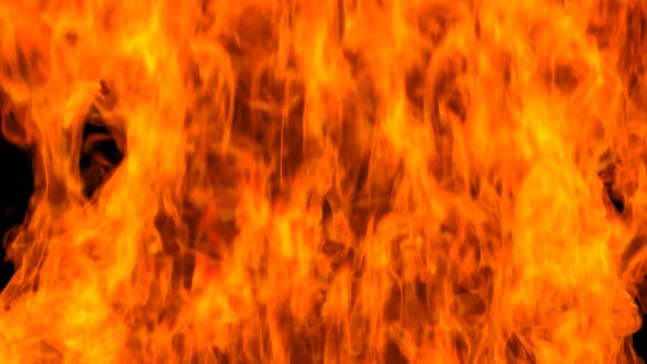 Hot blazing burning process with orange fire flames. Wall of fire, explosion. alt