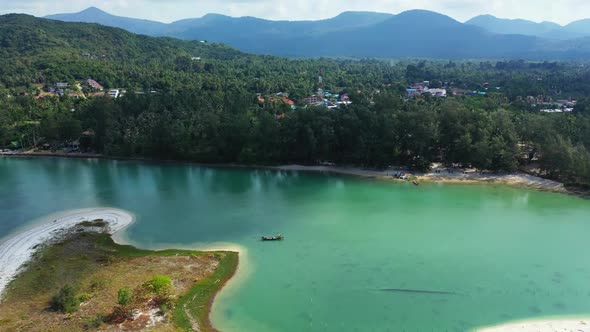 Aerial drone view nature of idyllic sea view beach holiday by blue green lagoon and white sandy back alt