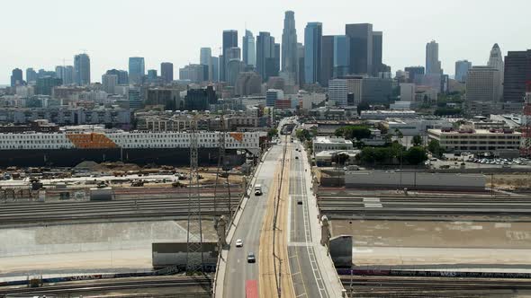 Famous view of Los Angeles California skyline and skyscrapers from