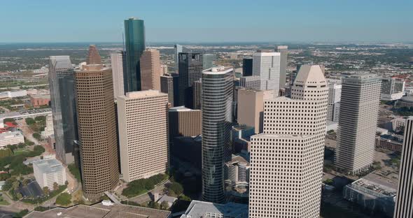 Drone view of downtown Houston skyline. This video was filmed in4k for best image quality. alt