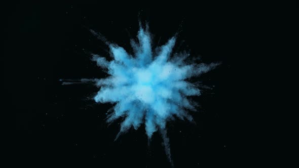 Colorful powder/particles fly after being exploded against black background. Slow Motion. alt