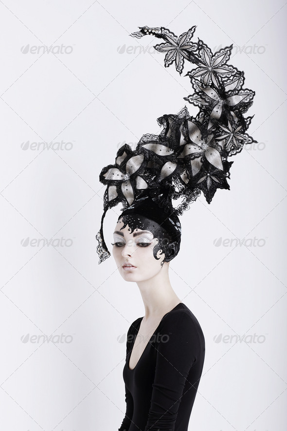 Creative Concept. Portrait of Futuristic Woman in Art Fabulous Headdress - Stock Photo - Images