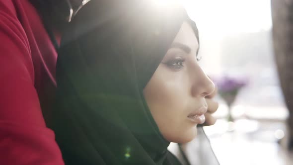 Beautiful Girl Perfect Makeup with Traditional Arabic Black Hijab alt