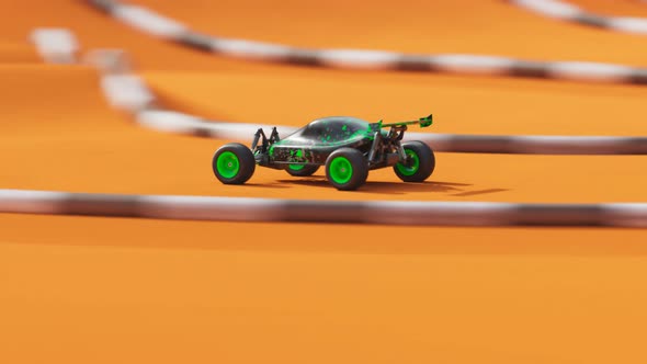 RC Car race on the sandy track. Loopable animation of a miniature model of buggy alt