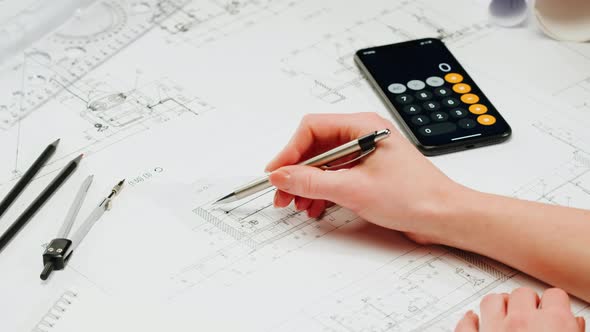 Architect Designer Counting on a Calculator Drawing Plan Blueprint Closeup alt