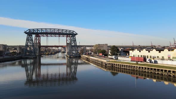 View Of Buenos Aires Transporter Bridge Across Riachuelo River In Argentina. wide shot alt