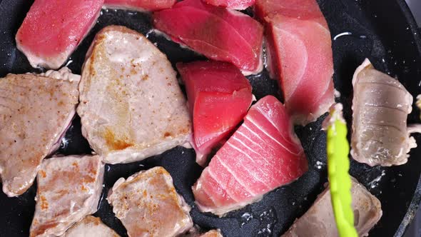 Cooking Fresh Tuna Steaks Closeup Timelapse